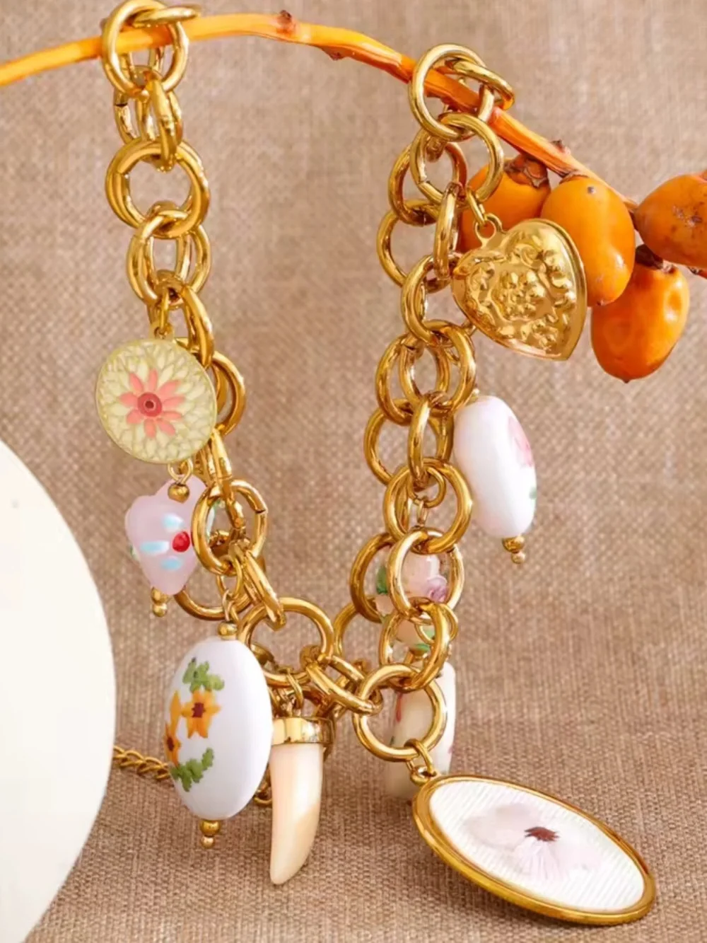 Vintage Floral Porcelain Charm Necklace